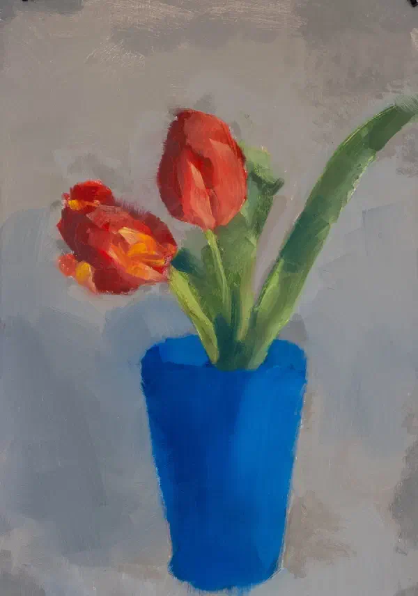 Tulips in blue beaker